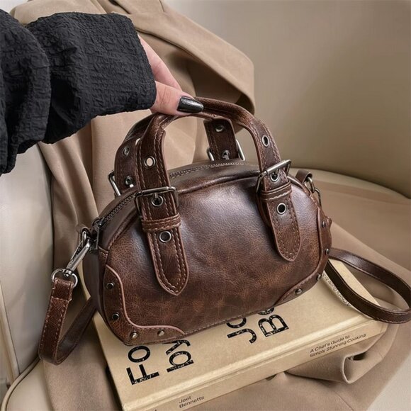 Retro PU Leather Rivet Crossbody Top Handle Mini Saddle Bag 3 Colors - Picture 5 of 16